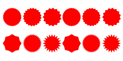 red exploding star shape badge, tag or label set. starburst or sunburst badge collection. can be used for price tag, best sell, shirt size, quality mark, features etc use. badges for mockup or package