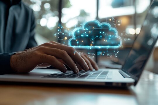 Businessman engaged in digital technology with laptop and cloud connectivity in office setting