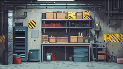 Fototapeta premium Industrial workshop interior with workbench and shelving, gritty basement garage background, mechanical repair shop with tools and boxes