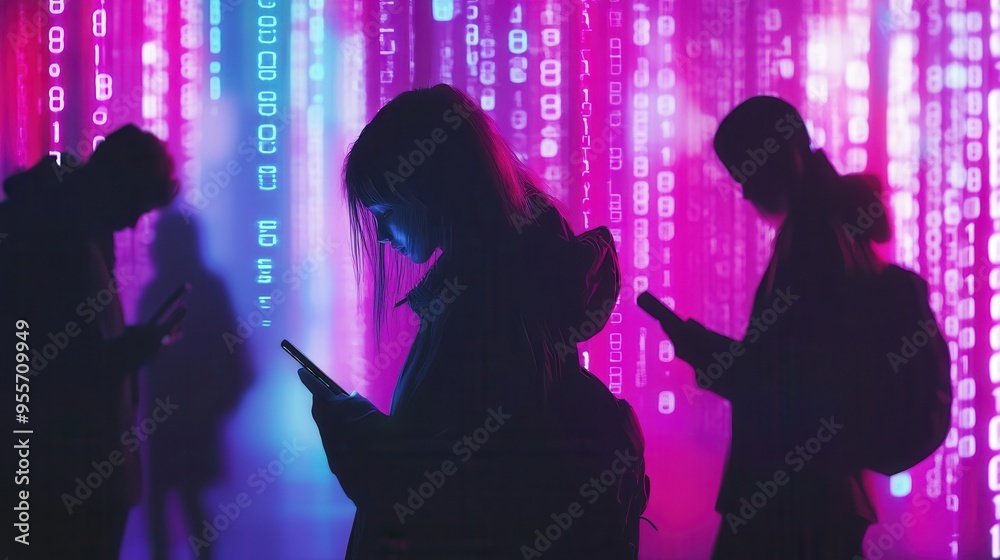 Aufkleber individuals focus on their screens with heads bowed while surrounded by vibrant digital numbers, hig