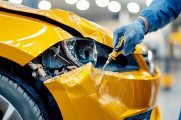 Professional car repair  technician restoring yellow vehicle body after accident with expert tools