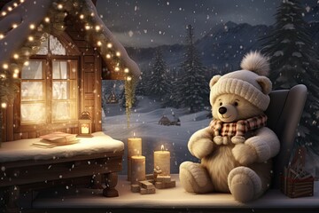 Cozy Christmas Scene. A Teddy Bear's Winter Wonderland