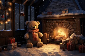 Cozy Christmas Scene. A Teddy Bear's Winter Wonderland