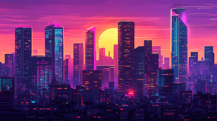 Fototapeta premium Futuristic skyscrapers soaring above a dense urban jungle at dusk, neon lights reflecting off the glass facades. Urban Jungle. Illustration