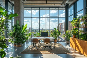 Fototapeta premium A large window office with a view of the city