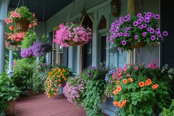 Fototapeta premium A porch with many hanging flower baskets of different colors
