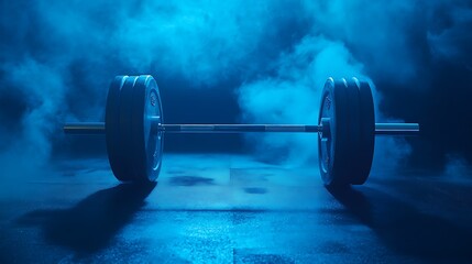 A barbell with weights on each side, set against a dark background with a blue smoke overlay.