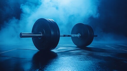 A black barbell with weight plates on a dark floor with blue smoke.