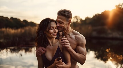 Middle aged couple sharing a very close moment in nature with cosmetic tincture bottle in hand