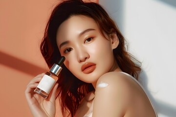 Fototapeta premium Beautiful woman holding cosmetic tincture bottle in her hand on light background