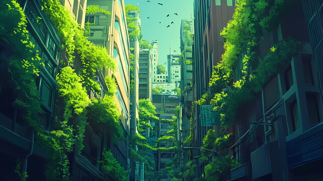 Urban jungle a city street overgrown with plants and greenery loop animation video for lofi music lofi light. Urban Jungle. Illustration