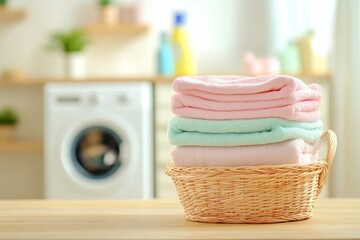 Pastel towels neatly stacked in wicker basket on wooden table with laundry detergent and machine