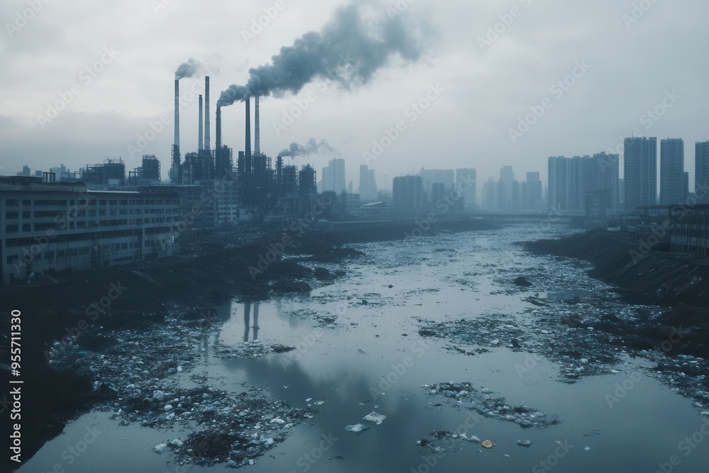 Poster a dense layer of smog envelops a modern metropolis, with factories silhouetted on the horizon above 