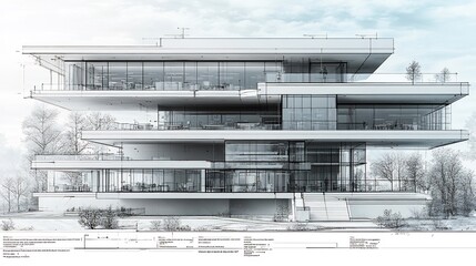 Blueprint of modern office building with detailed layouts specifications and labels