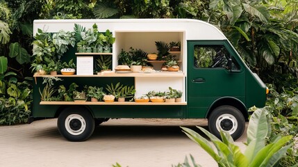 Mobile bakery truck with botanical decor, green and earthy, parked near a lush garden