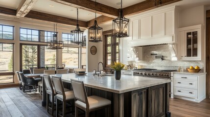 A kitchen with a large island, pendant lighting, and a mix of contemporary and rustic elements.