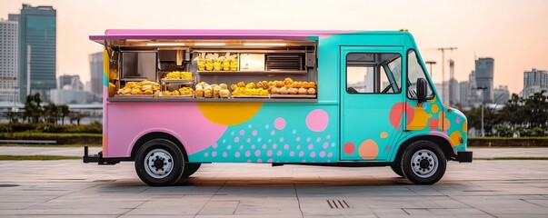 Mobile bakery truck with a colorful pop art vibe, serving creative pastries, set in a modern urban area