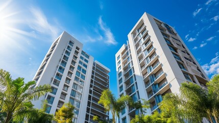 Modern apartment buildings under a clear blue sky with sun shining brightly in the background