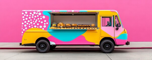 Mobile bakery truck with a pop art design, bold and colorful, serving trendy pastries in an arts district