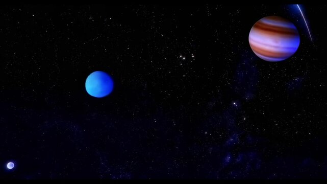 the movement of different planets in space. A space scene with brightly shining stars and visible distant planets