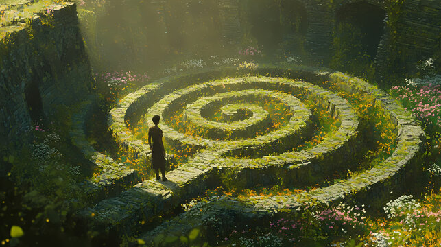 Mystical stone spiral labyrinth in a lush garden, ancient stone maze with green moss and flowers, person standing at the entrance of a circular path