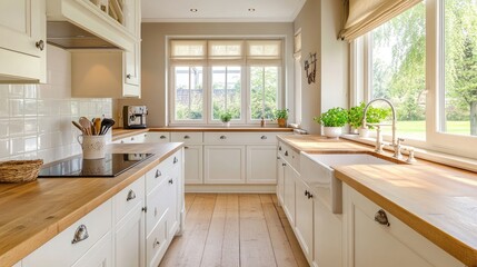 A kitchen with white cabinets, wooden countertops, and a farmhouse sink.