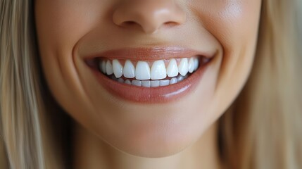 Obraz premium radiant smile transformation confident woman beams after dental implant procedure closeup portrait emphasizes naturallooking teeth capturing renewed selfassurance and joy