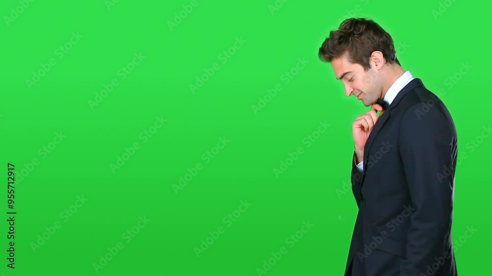 Poster Man in tuxedo, face and confidence, green screen with fashion and black tie style for party or event on studio background. Formal clothes, model smile with suit and bowtie, mockup space and portrait