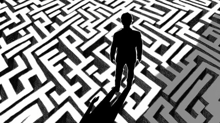 Silhouette of a man in a maze. Labyrinth. Illustration