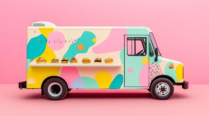 Mobile bakery truck with bold pop culture designs, serving themed pastries in a trendy district