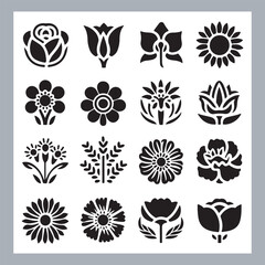 Set of logotype icons flowers Rose, Tulip, Orchid, Sunflower, Lily, Daisy, Daffodil, Jasmine, Lavender, Marigold, Peony, Chrysanthemum, Hibiscus, Poppy, Violet silhouettes in white background