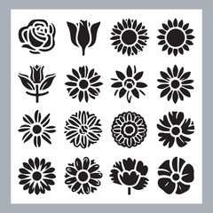 Set of logotype icons flowers Rose, Tulip, Orchid, Sunflower, Lily, Daisy, Daffodil, Jasmine, Lavender, Marigold, Peony, Chrysanthemum, Hibiscus, Poppy, Violet silhouettes in white background