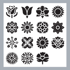Set of logotype icons flowers Rose, Tulip, Orchid, Sunflower, Lily, Daisy, Daffodil, Jasmine, Lavender, Marigold, Peony, Chrysanthemum, Hibiscus, Poppy, Violet silhouettes in white background
