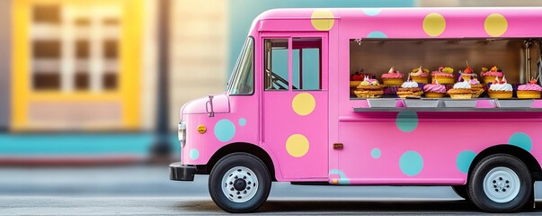 Mobile bakery truck with bright pop art designs, serving creative desserts in a trendy art district