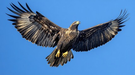 Obraz premium An eagle in flight with its wings fully extended against a clear blue sky, showcasing its impressive wingspan with ample space for messaging.