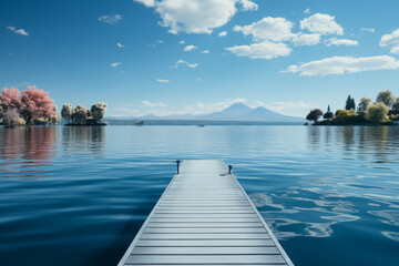 Obraz premium A floating dock on a calm, blue lake. Concept of lakeside paradise. Generative Ai.