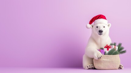 Fototapeta premium A cute polar bear wearing a Santa hat holds a jute sack filled with Christmas gifts and pine branches, set against a pastel purple background. Christmas and New Year festive concept with copy space.
