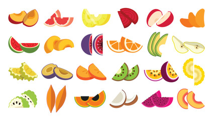 A set of Split Fruits, plum, Grapefruit, Pineapple, Beet, Apple, Mandarin, Watermelon, Peach, Fig, Orange, Avocado, Pear, Durian, Persimmon, Kiwi, Passion, Corn, Annona, Papaya, Coconut, Dragon fruit.