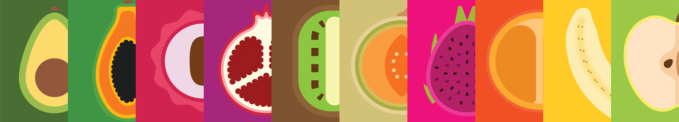 A set of Sliced fruits, longitudinal section of Avocado, Papaya, Litchi, Pomegranate, Kiwi, Cantaloupe, Melon, Fleshed Dragon fruit, Persimmon, Banana, Apple, simple flat vector illustration.