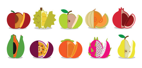 A set of Split Fruits, Red Peach, Durian, Apple, Cantaloupe, Melon, Pomegranate, Papaya, Passion Fruit, Persimmon, White Dragon fruit, Pear, simple collection flat vector illustration.