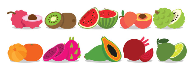 A set of Split Fruits, Litchi, Kiwi, Watermelon, Peach, Annona, Tangerine, Mandarin, Fleshed Dragon fruit, Papaya, Beet, Sweet lime, Green lemon, simple flat vector illustration.