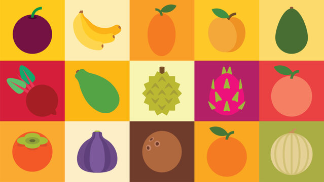 A set of full fresh fruits, Passion Fruit, Banana, Kumquat, Apricot, Avocado, Beet, Papaya, Durian, Dragon fruit, Grapefruit, Persimmon, Fig, Coconut, Orange, Melon, simple flat vector illustration.
