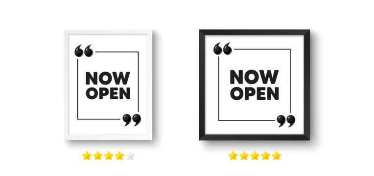 Picture frame with 3d quotation icon. Now open tag. Promotion new business sign. Welcome advertising symbol. Now open chat message. Photo frame wall. 3d comma quotes. Vector