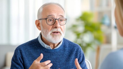 Elderly man engaging in a conversation with his caregiver, warm and supportive, friendly care
