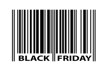 Minimalist barcode graphic with "Black Friday" text integrated into the design, representing discounts and shopping events.
