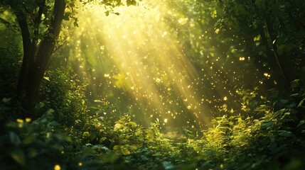 Obraz premium An enchanting forest bathed in soft, ethereal light, with vibrant green foliage and sparkling fireflies hovering in the air.