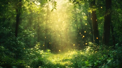 Obraz premium An enchanting forest bathed in soft, ethereal light, with vibrant green foliage and sparkling fireflies hovering in the air.