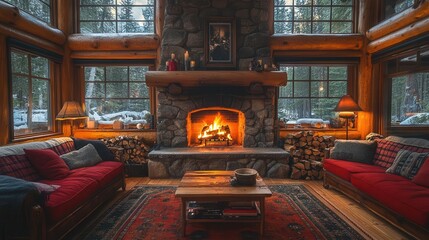 rustic cabin interior with glowing stone fireplace warm light casting shadows on log walls cozy ambiance