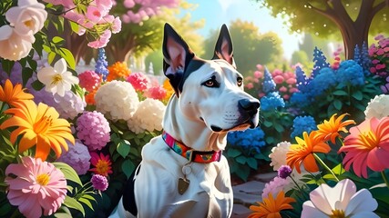 A dog among vibrant flowers in a sunny garden