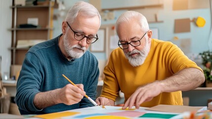 Elderly man engaging in an art activity with his caregiver, creative and bright, nurturing care environment